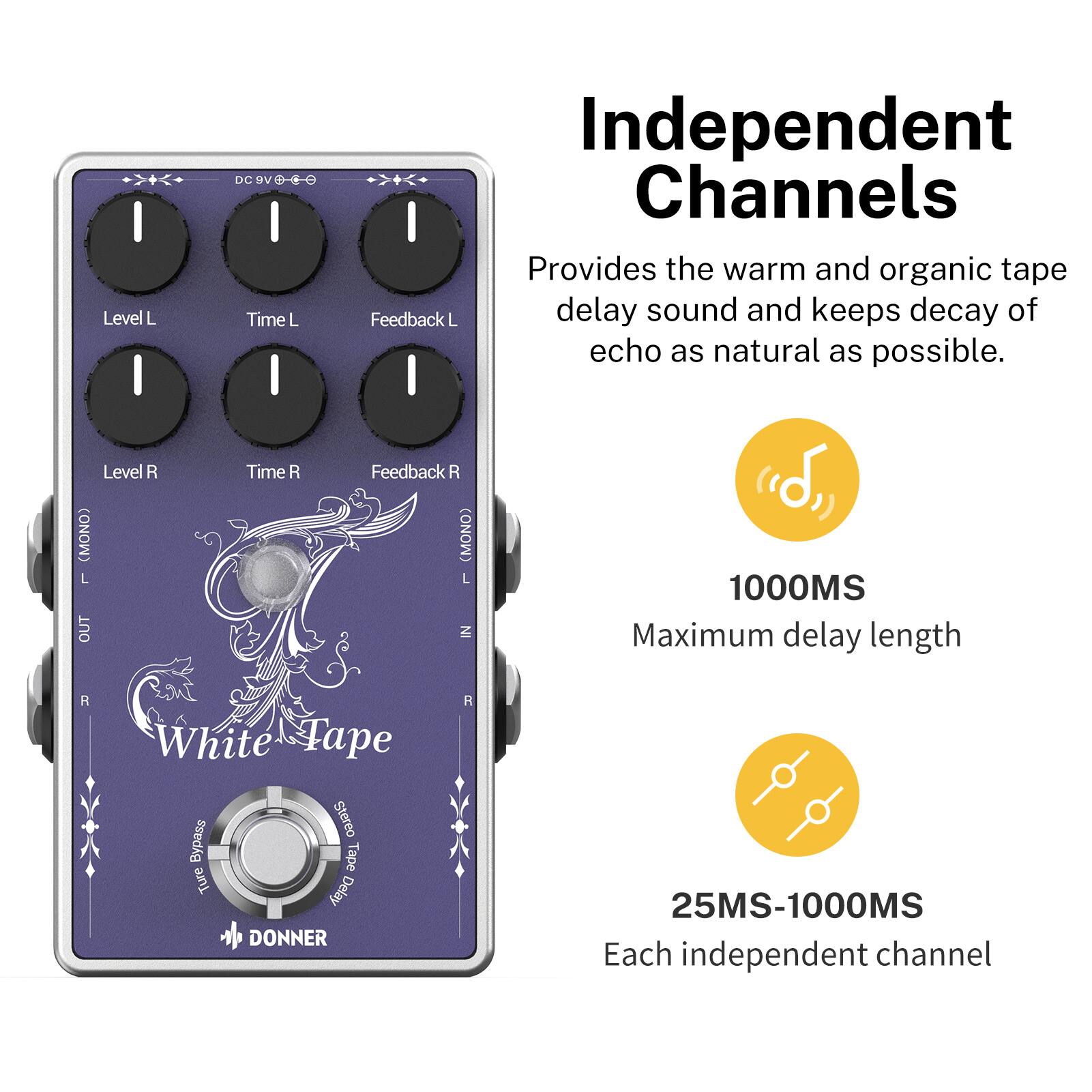 Independent Channels Provides the warm and organic tape delay sound and keeps decay of echo as natural as possible. Level L I Time L I Feedback L Level R I Time R I Feedback R 1000MS Maximum delay length 25MS-1000MS Each independent channel