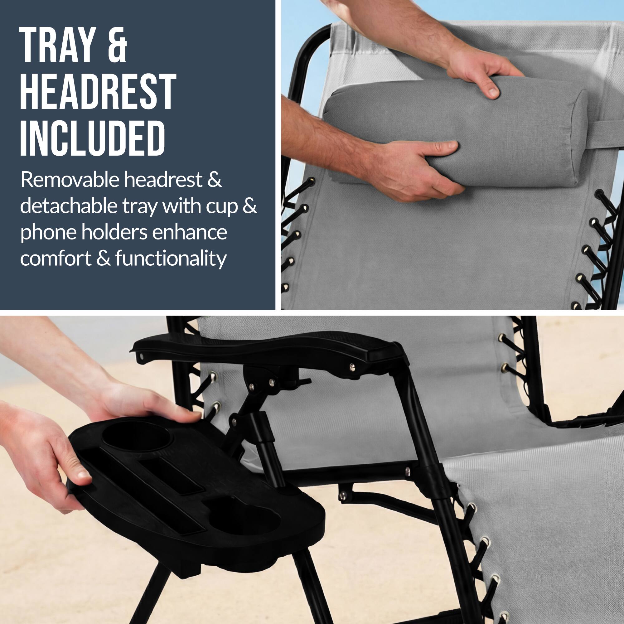 TRAY & HEADREST INCLUDED

Removable headrest & detachable tray with cup & phone holders enhance comfort & functionality