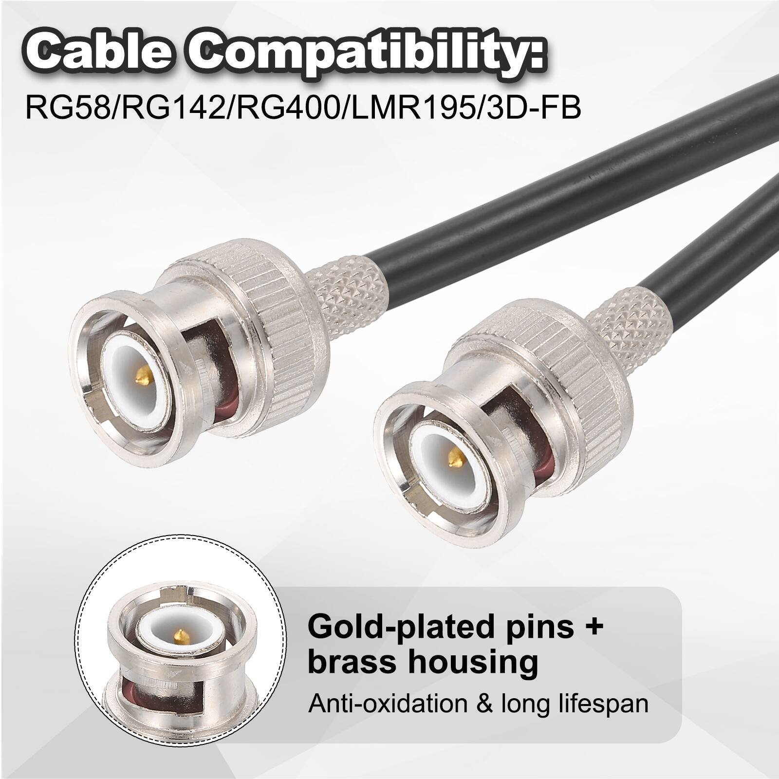 Cable Compatibility: RG58/RG142/RG400/LMR195/3D-FB

Gold-plated pins + brass housing

Anti-oxidation & long lifespan