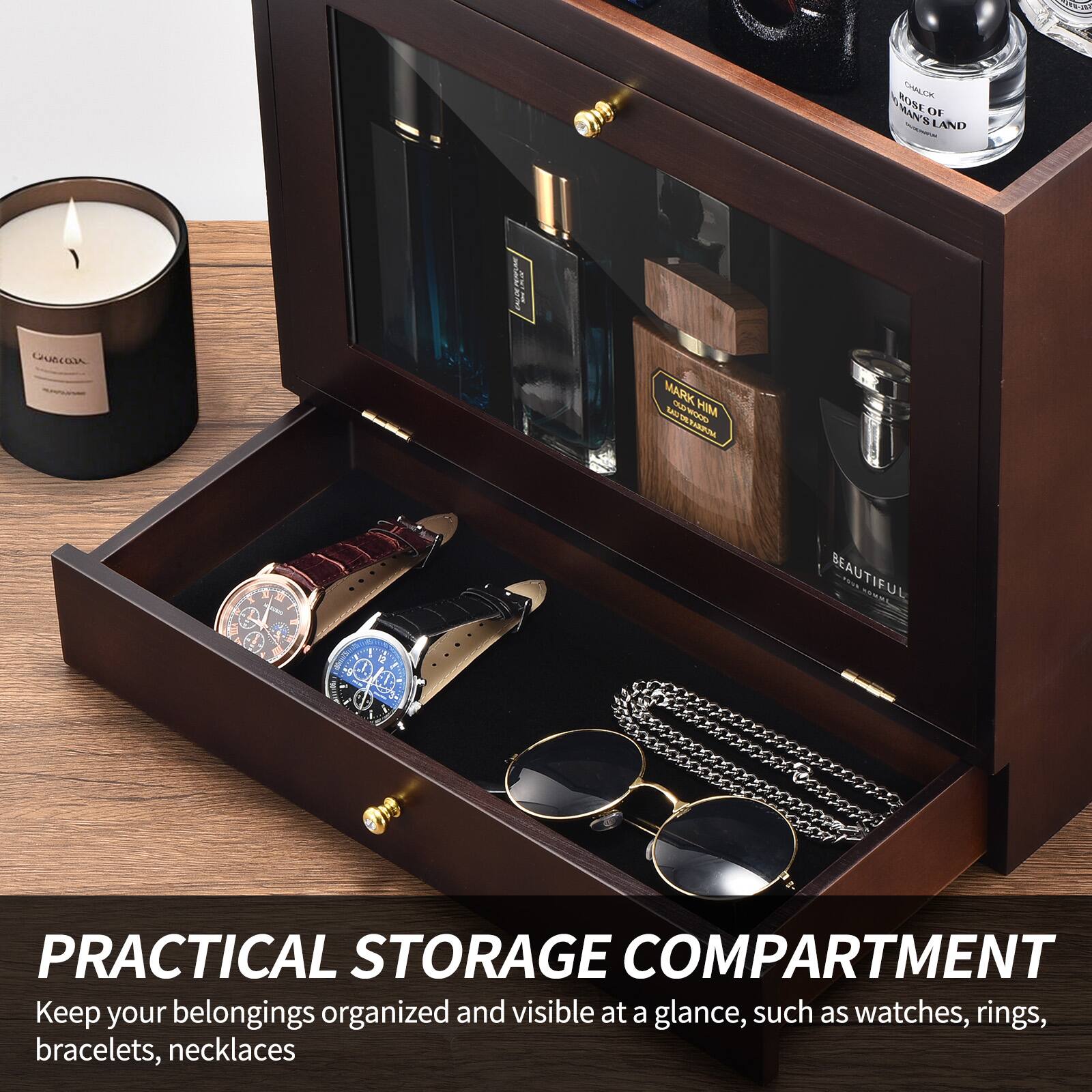 PRACTICAL STORAGE COMPARTMENT

Keep your belongings organized and visible at a glance, such as watches, rings, bracelets, necklaces