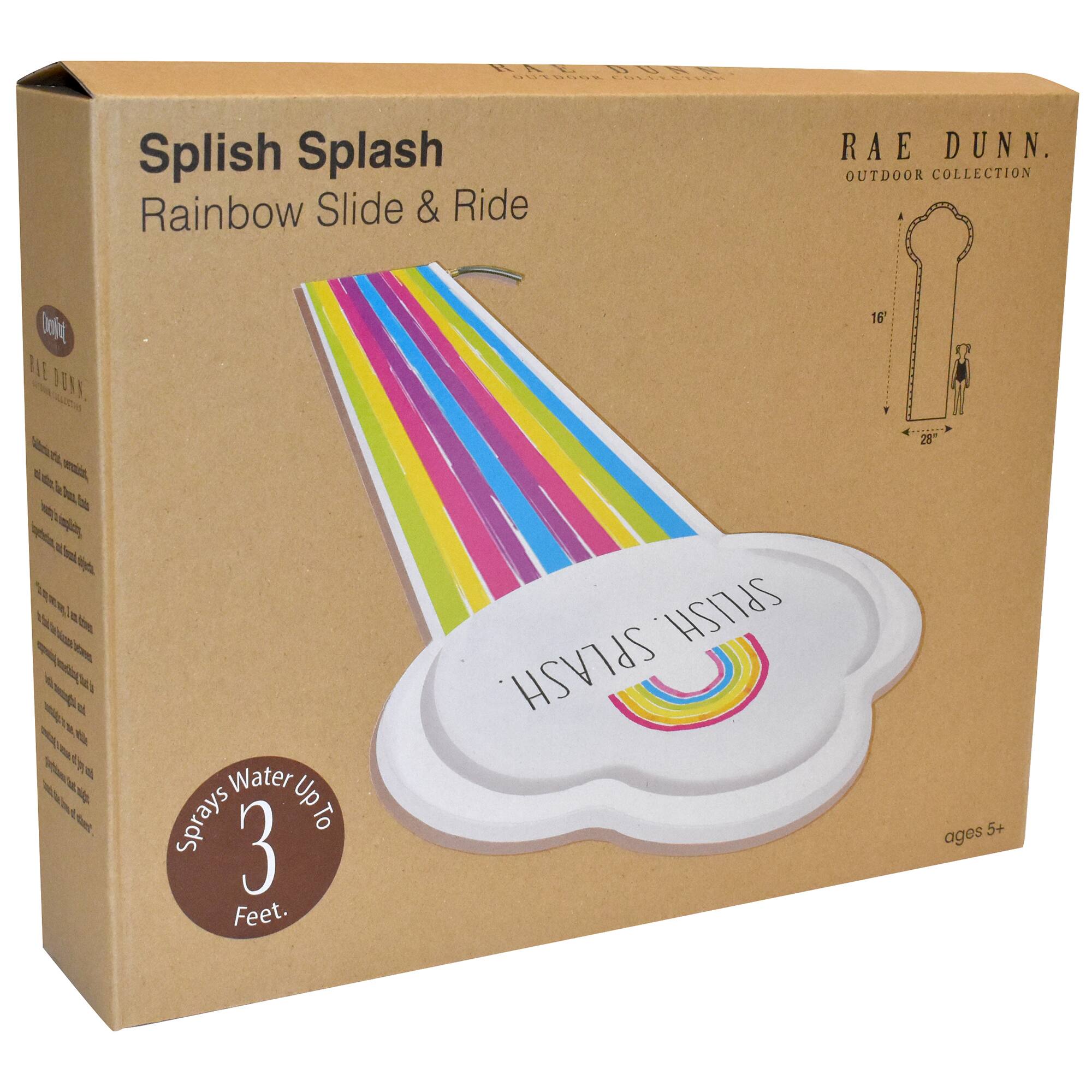Splish Splash Rainbow Slide & Ride is a product from the Outdoor Collection by Rae Dunn. It is designed for outdoor use and can be used to spray water up to 3 feet. The product is made of durable materials and is suitable for children and adults alike.