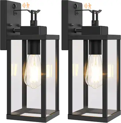 Front. Nordic Hygge - 14” Upgraded Motion Sensor Outdoor Wall Lights, Dusk to Dawn Porch Lights Outdoor Wall Sconces, 3 Lighting Modes - Black.