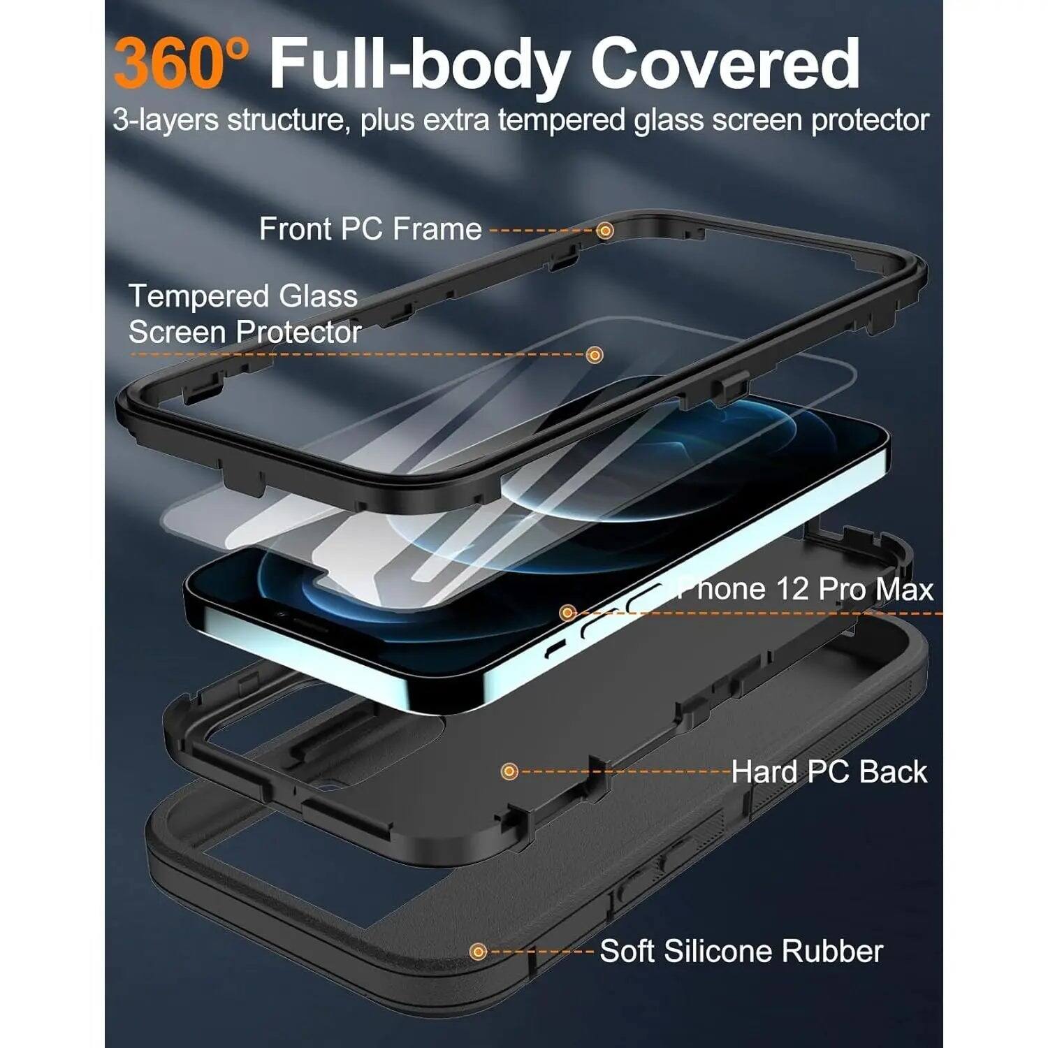 360° Full-body Covered  
3-layers structure, plus extra tempered glass screen protector  

Front PC Frame  
Tempered Glass Screen Protector  
iPhone 12 Pro Max  
Hard PC Back  
Soft Silicone Rubber