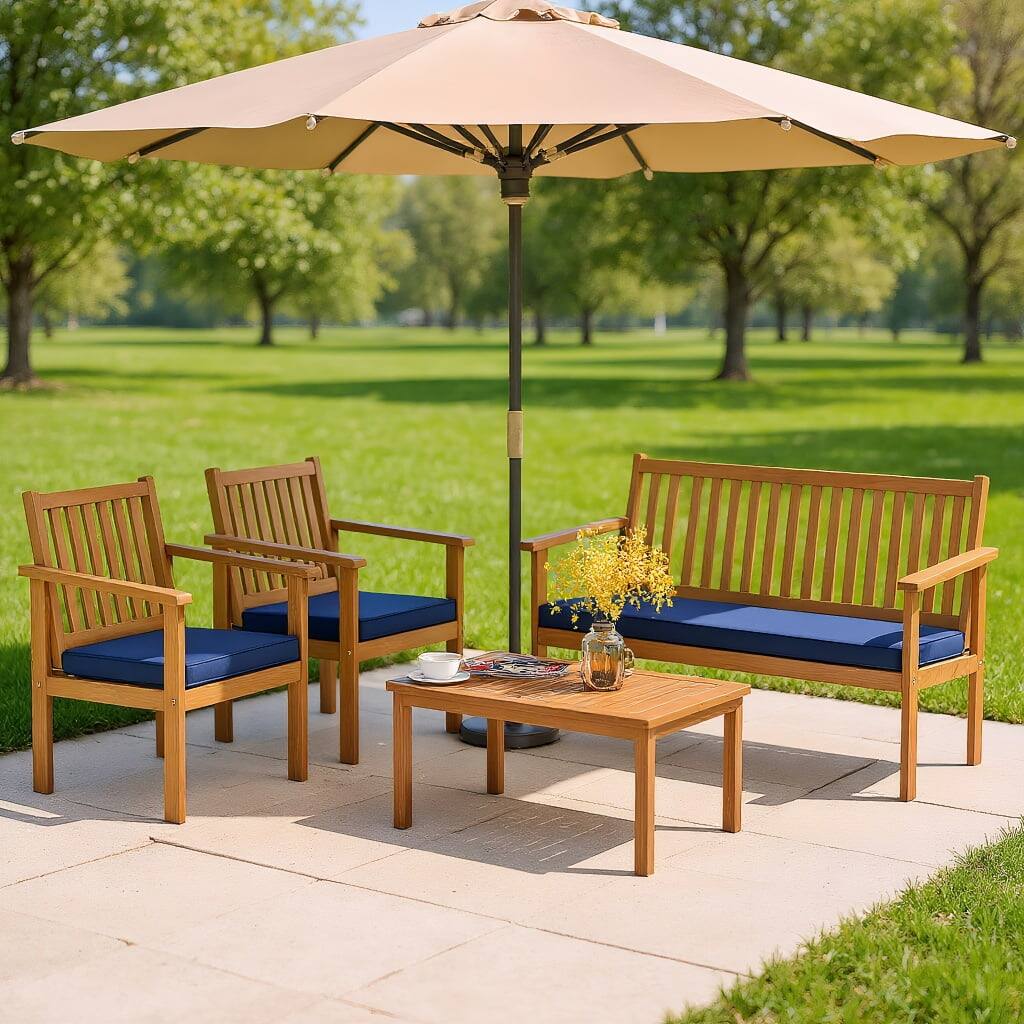 Front. Kadyn - 4 Piece Patio Wood Furniture Set Acacia Wood Sofa Set, Small Patio Conversation Furniture Set with Loveseat-Off Navy - Blue.