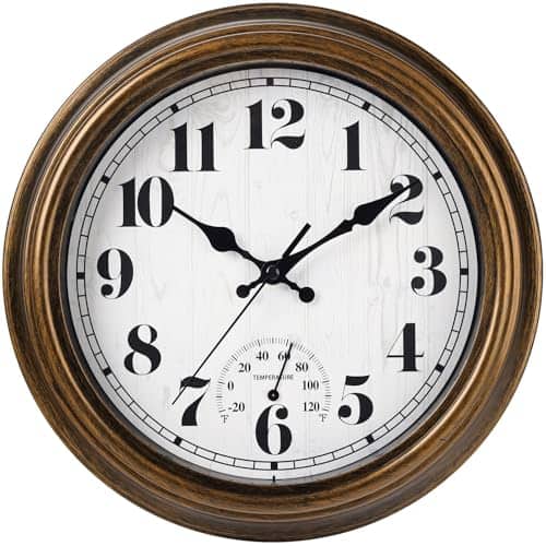 Vulpecula Spade - 12 Inch Indoor/Outdoor Retro Round Waterproof Wall Clock with Thermometer, Silent Non-Ticking Battery Operated Quality - 12''bronze