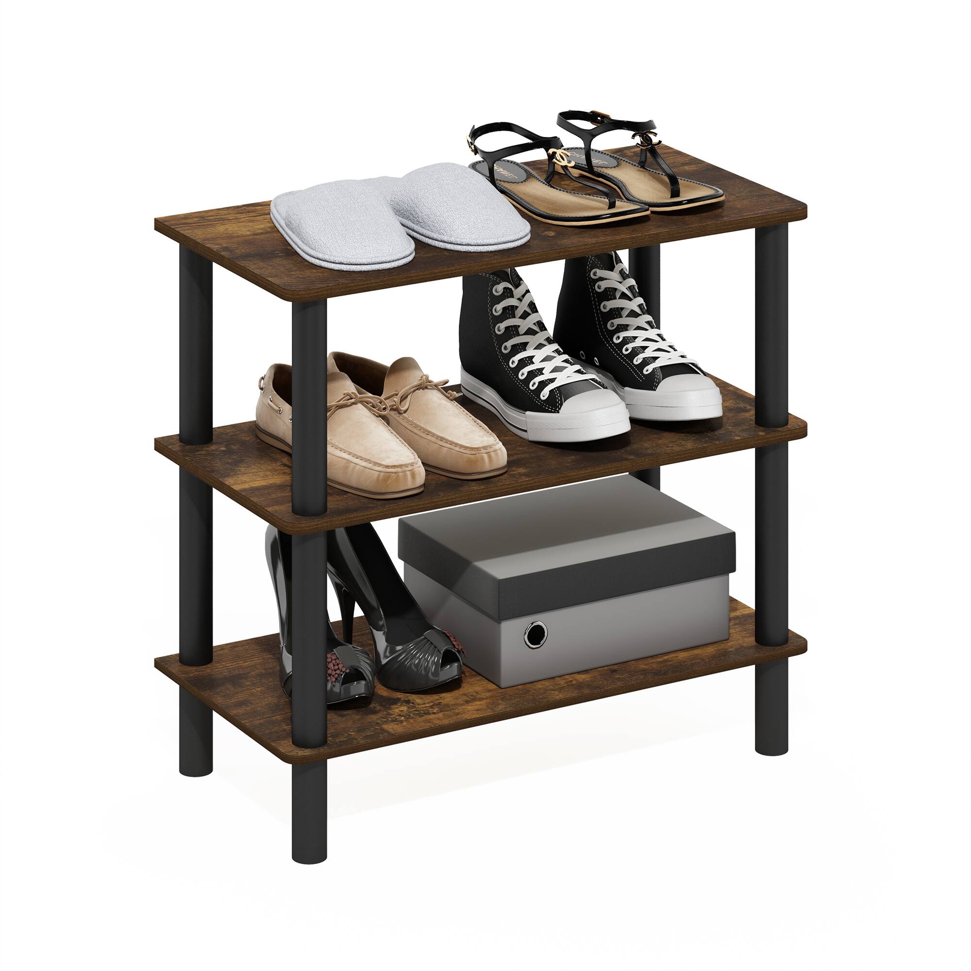 Alt View 3. Furinno - Turn-N-Tube 26-Inch 3-Tier Freestanding Shoe Rack Storage Organizer - Amber Pine/Black.