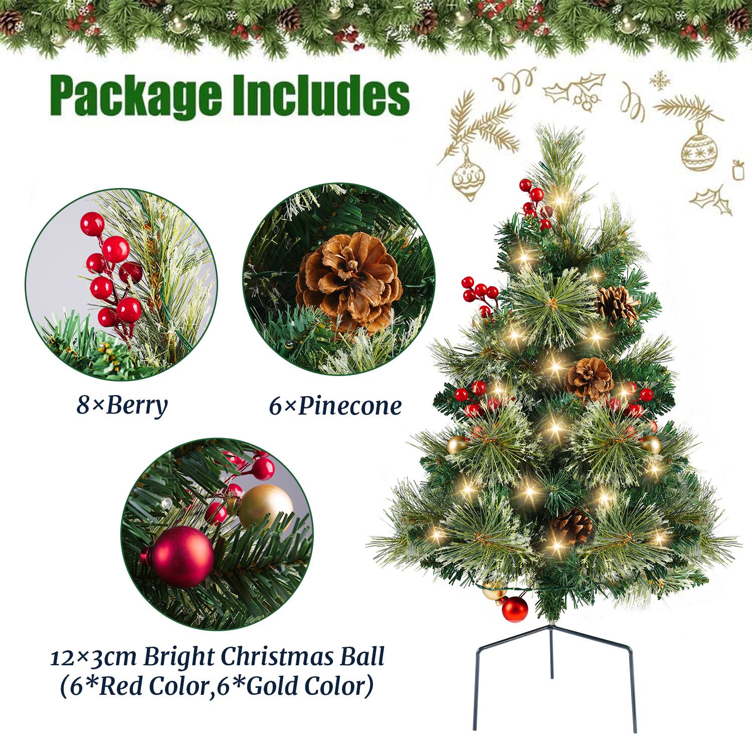 Left. MOVSSOU - 24in Mini Christmas Trees Set of 2 Artificial Christmas Trees Pre Lit 30 LED Lights Pine Berries Xmas Decor - green.