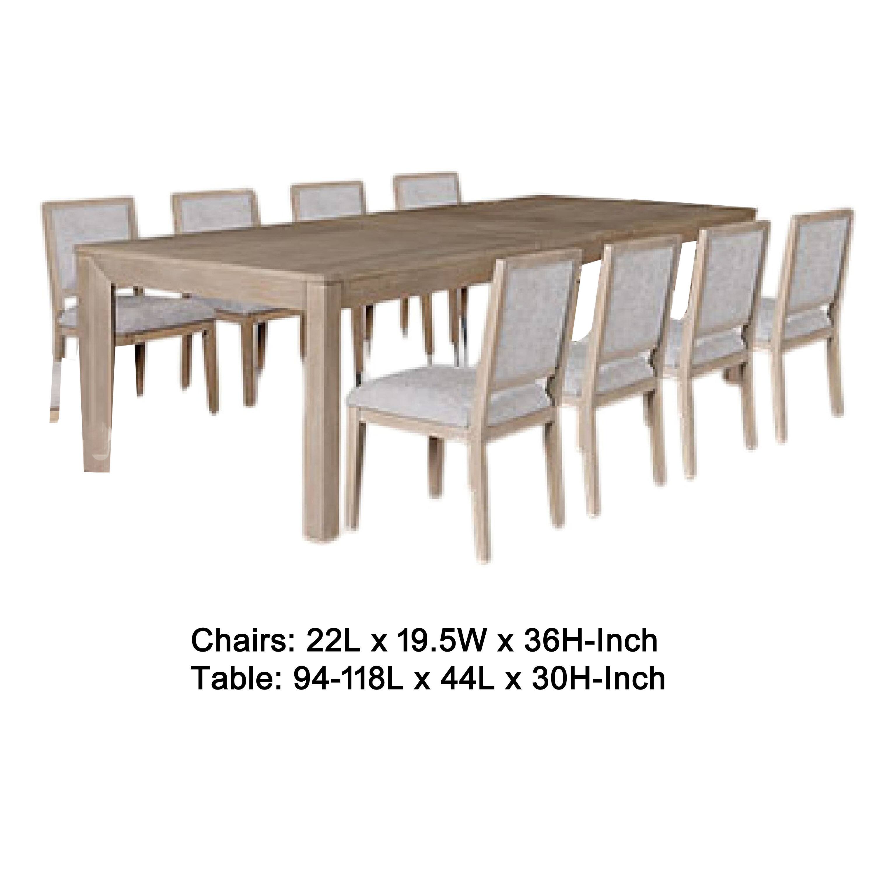 Chairs: 22L x 19.5W x 36H-Inch  
Table: 94-118L x 44L x 30H-Inch