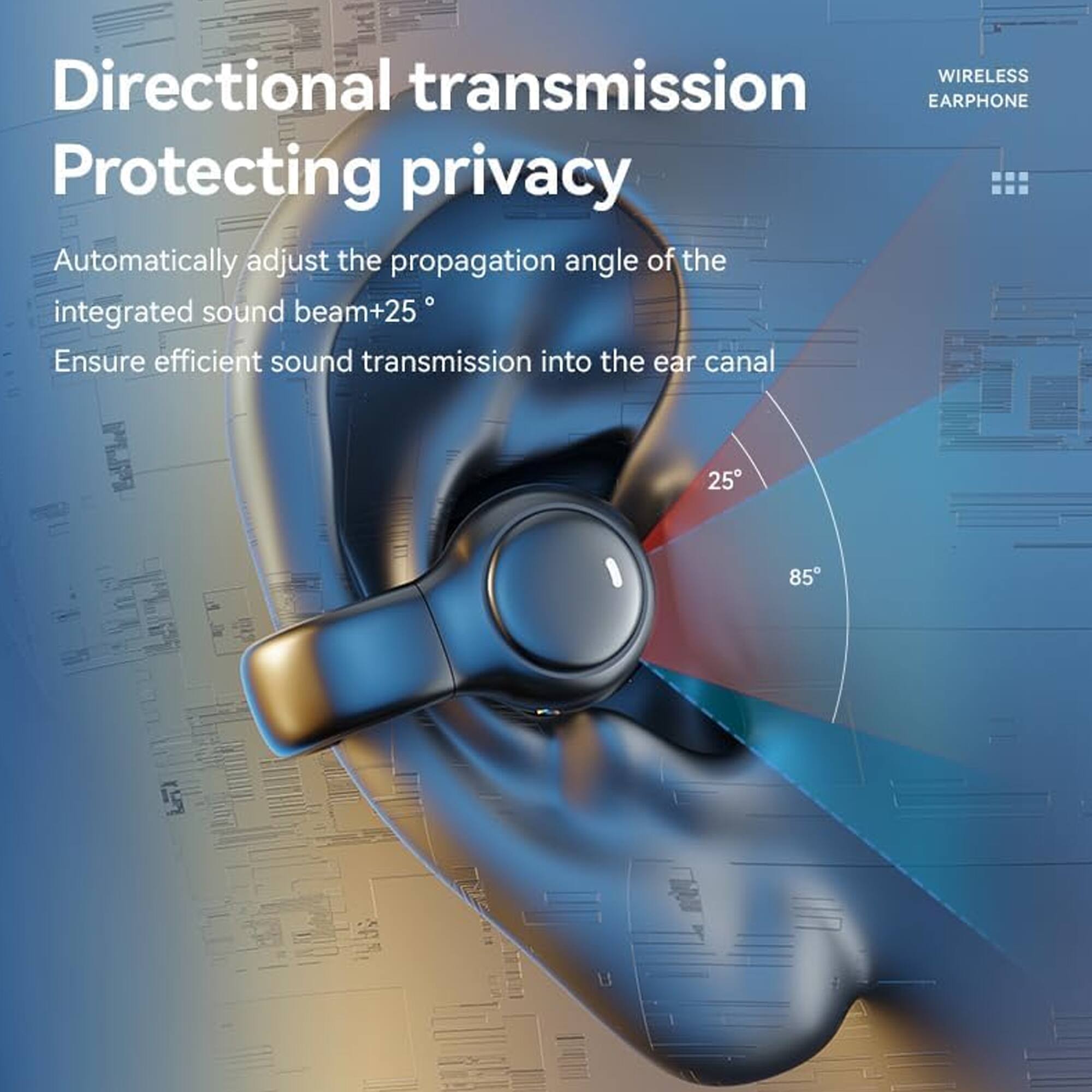 **Directional transmission**  
**Protecting privacy**

Automatically adjust the propagation angle of the integrated sound beam+25°  
Ensure efficient sound transmission into the ear canal

25°  
85°

**WIRELESS EARPHONE**