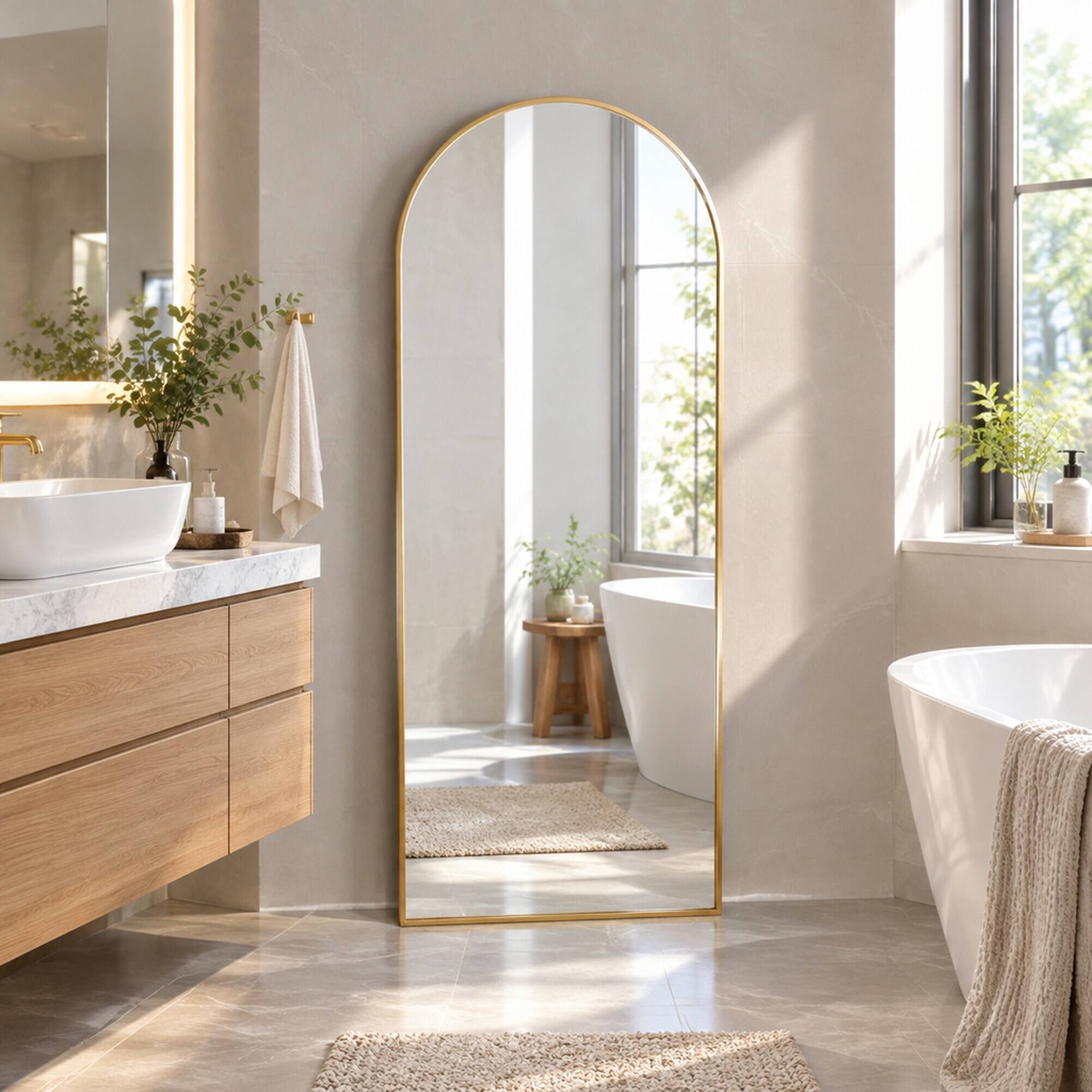 Angle. RYHNUYNE - 28 x 74 in Gold Arch Full Length Body Mirror, Rounded Top, Iron Frame, Wall Mount or Leaning - Gold.
