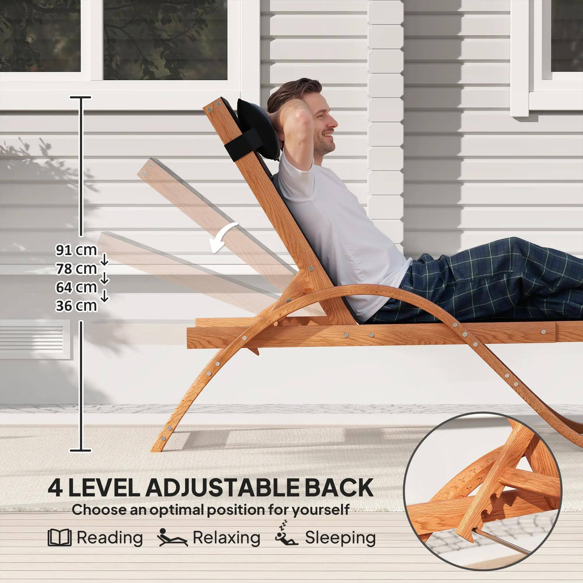 91 cm, 78 cm, 64 cm, 36 cm, 4 LEVEL ADJUSTABLE BACK, Choose an optimal position for yourself, Reading, Relaxing, Sleeping