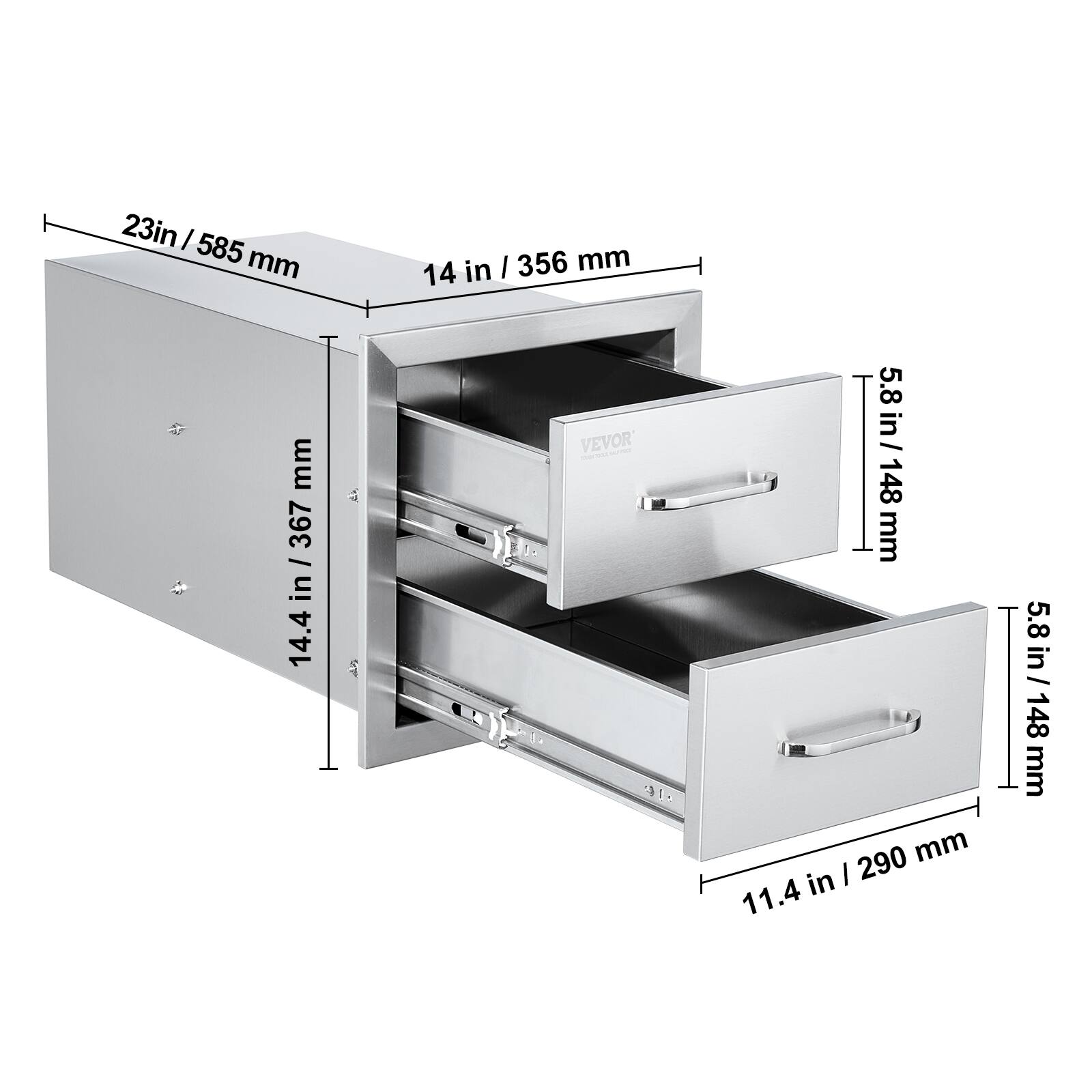 23 in / 585 mm  
14 in / 356 mm  
14.4 in / 367 mm  
5.8 in / 148 mm  
11.4 in / 290 mm  
5.8 in / 148 mm