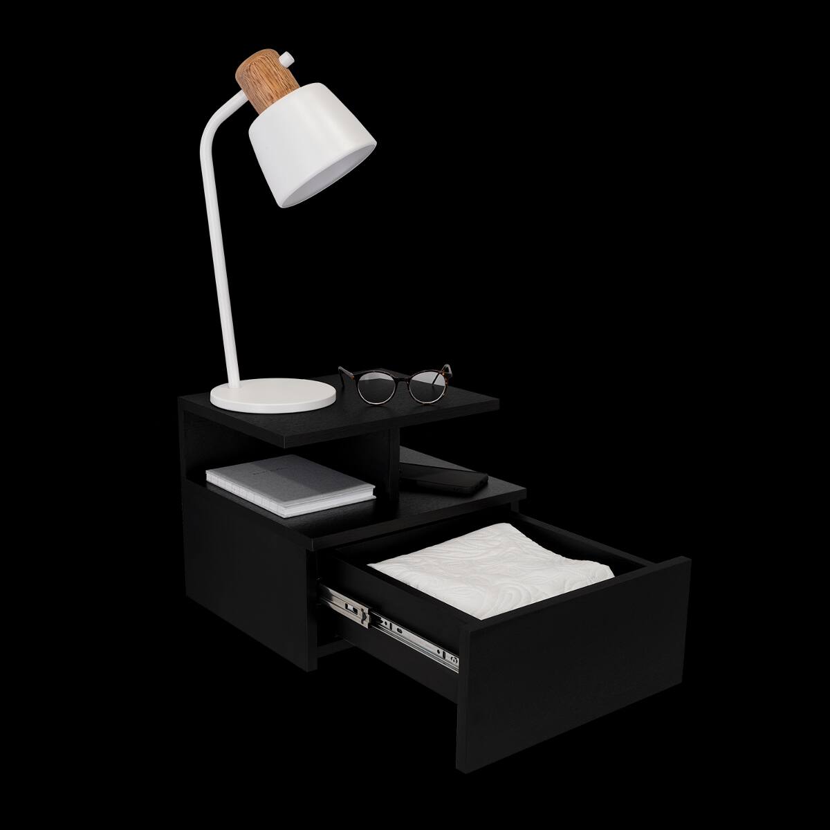 Alt View 3. Loheer - Loheer Black Floating Nightstand with Drawer and Divided Shelf, 14-Inch Wall-Mounted Bedside Table - Black.