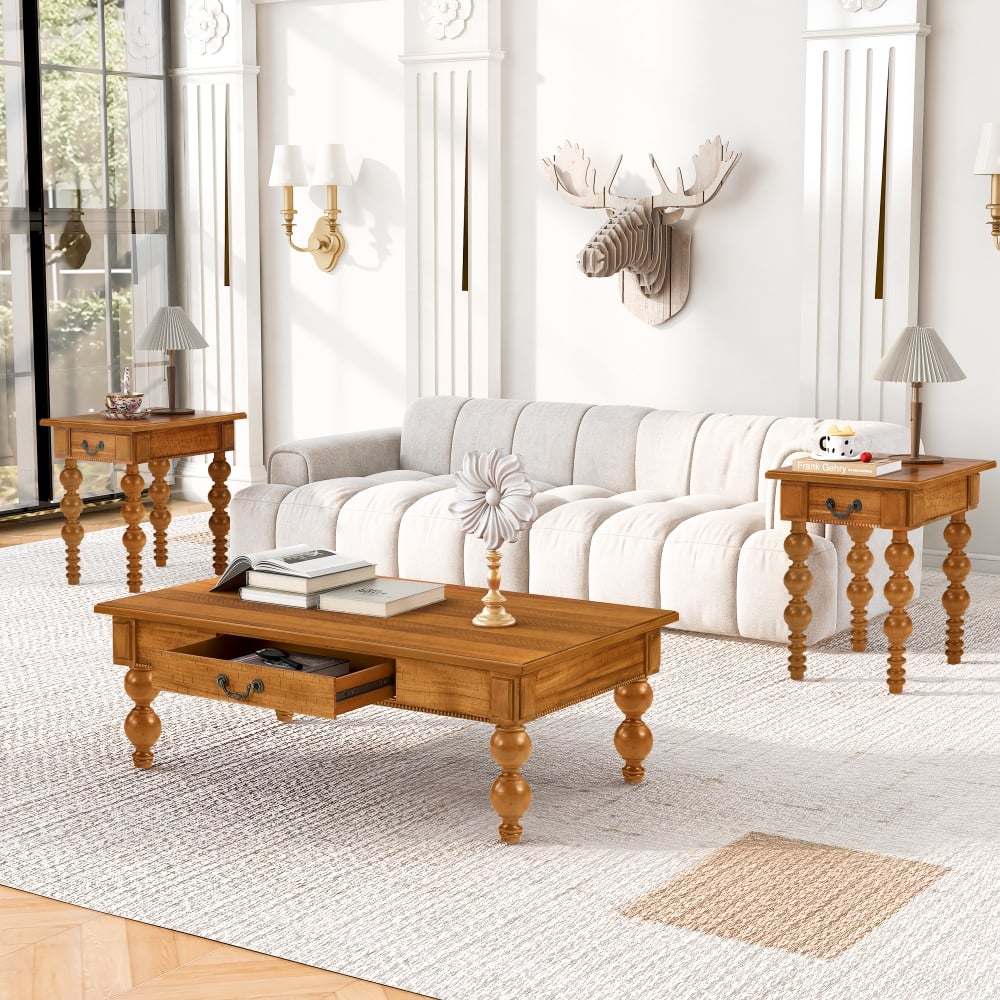 Lirago - Vintage 4 Leg Wood End Table Rectangular Cocktail Table 16"H x 26.8"D x 47"W - Natural