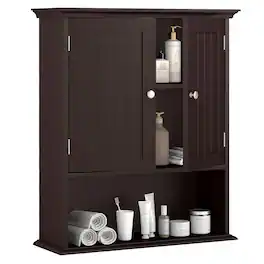 Costway - Wall Mount Bathroom Cabinet Storage Organizer Medicine Cabinet - Brown
