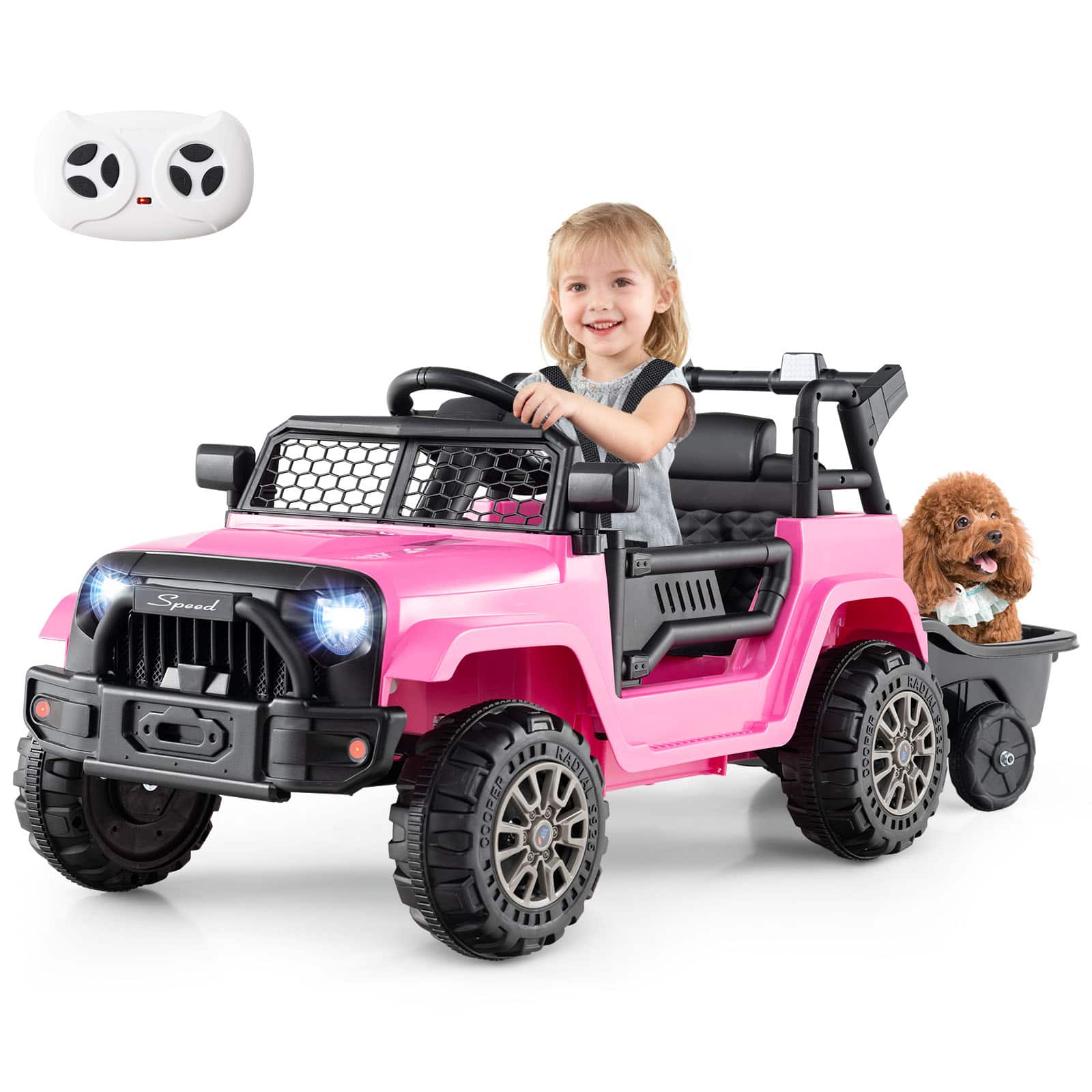 Gymax - Kids Ride On UTV Car w/Detachable TrailerParent Remote Control Light & Music - Pink