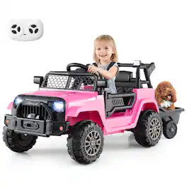 Gymax - Kids Ride On UTV Car w/Detachable TrailerParent Remote Control Light & Music - Pink