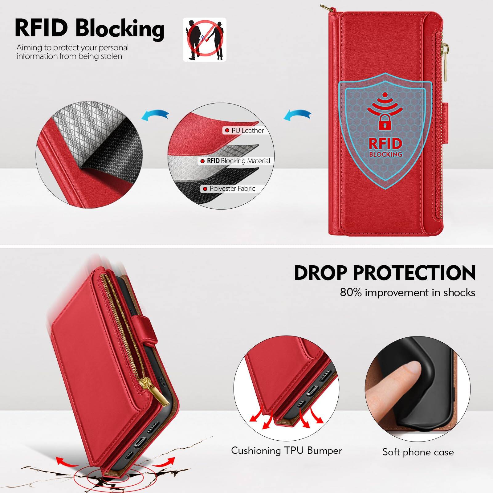 Alt View 1. Jadie Link - Compatible Pro Wallet Case Women Rfid Blocking Leather Phone Men Kickstand Flip Cover Wrist Strap Zipper Credit Card - Black-iPhone 17 Pro - 6.3".