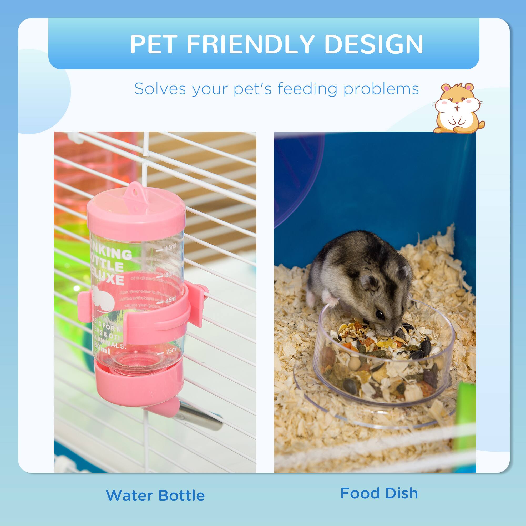 PET FRIENDLY DESIGN  
Solves your pet's feeding problems  

Water Bottle  
Food Dish