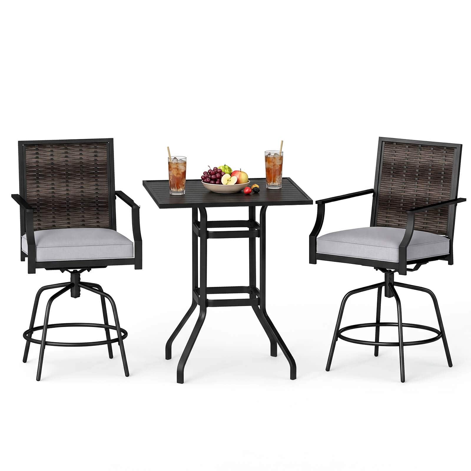 Costway - 3 Pieces Outdoor Swivel Bar Set,High Top Patio Bar Table and Rattan Wicker Chair - Mix Gray + Gray