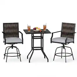 Costway - 3 Pieces Outdoor Swivel Bar Set,High Top Patio Bar Table and Rattan Wicker Chair - Mix Gray + Gray