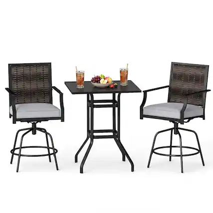 Front. Costway - Costway 3 Pieces Outdoor Swivel Bar Set,High Top Patio Bar Table and Rattan Wicker Chair - Mix Gray + Gray.