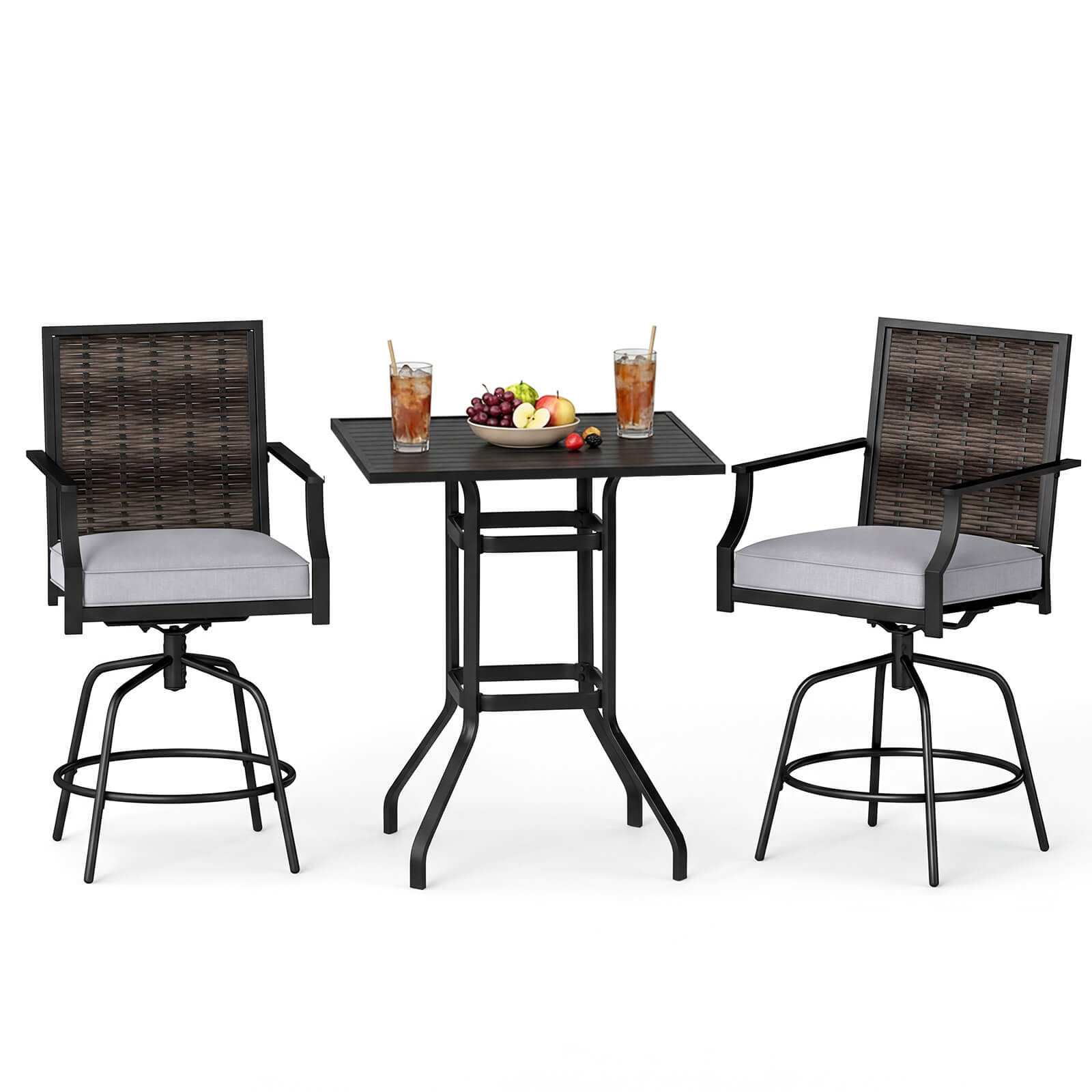 Front. Costway - Costway 3 Pieces Outdoor Swivel Bar Set,High Top Patio Bar Table and Rattan Wicker Chair - Mix Gray + Gray.