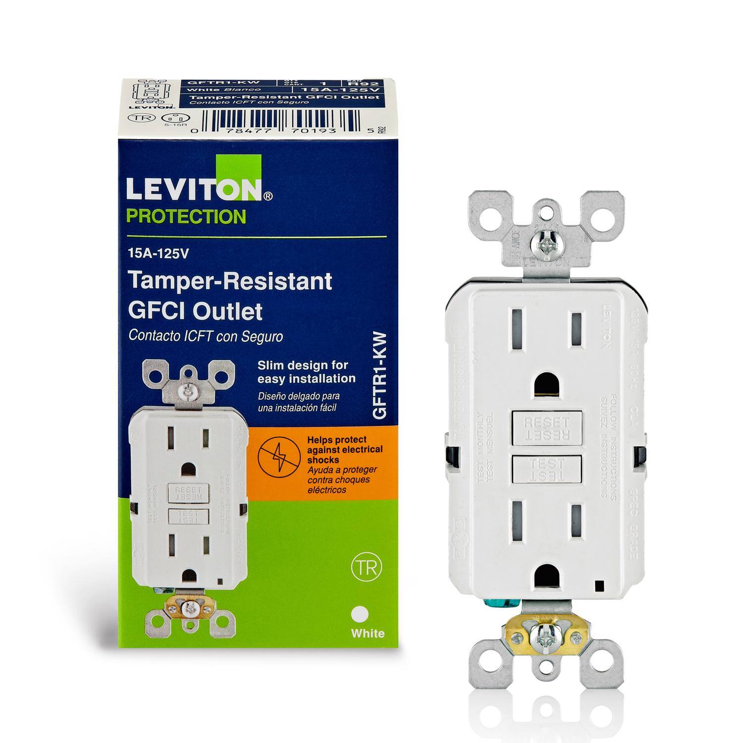 GFTR1-KW 1 R92 White Blanco 15A-125V Tamper-Resistant GFCI Outlet Contacto ICFT con Seguro LEVITON.

TR

78477 70193
5
R92
LEVITON PROTECTION 15A-125V Tamper-Resistant GFCI Outlet Contacto ICFT con Seguro Slim design for easy installation Helps against electrical shocks RESET elctricos RESET TEST TEST TR
MONTHLY TEST
MENGUEL TEST
RESET RESET TEST TEST
LEVITON SUIVEZ FOLLOW INSTRUCTIONS INSTRUCTIONS
ZHOS SPEC GRADE
White