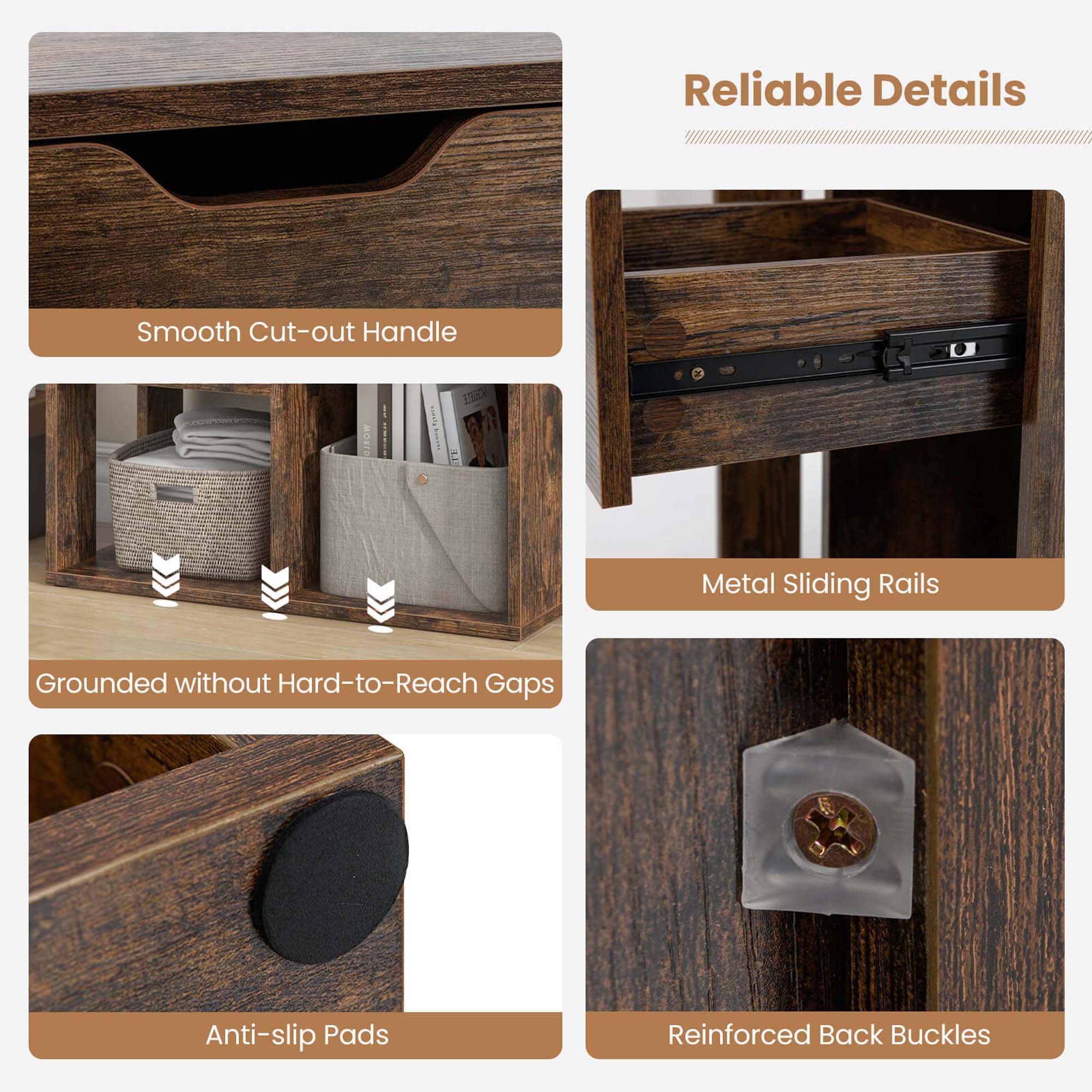 Reliable Details
Smooth Cut-out Handle
Metal Sliding Rails
Grounded without Hard-to-Reach Gaps
Anti-slip Pads
Reinforced Back Buckles