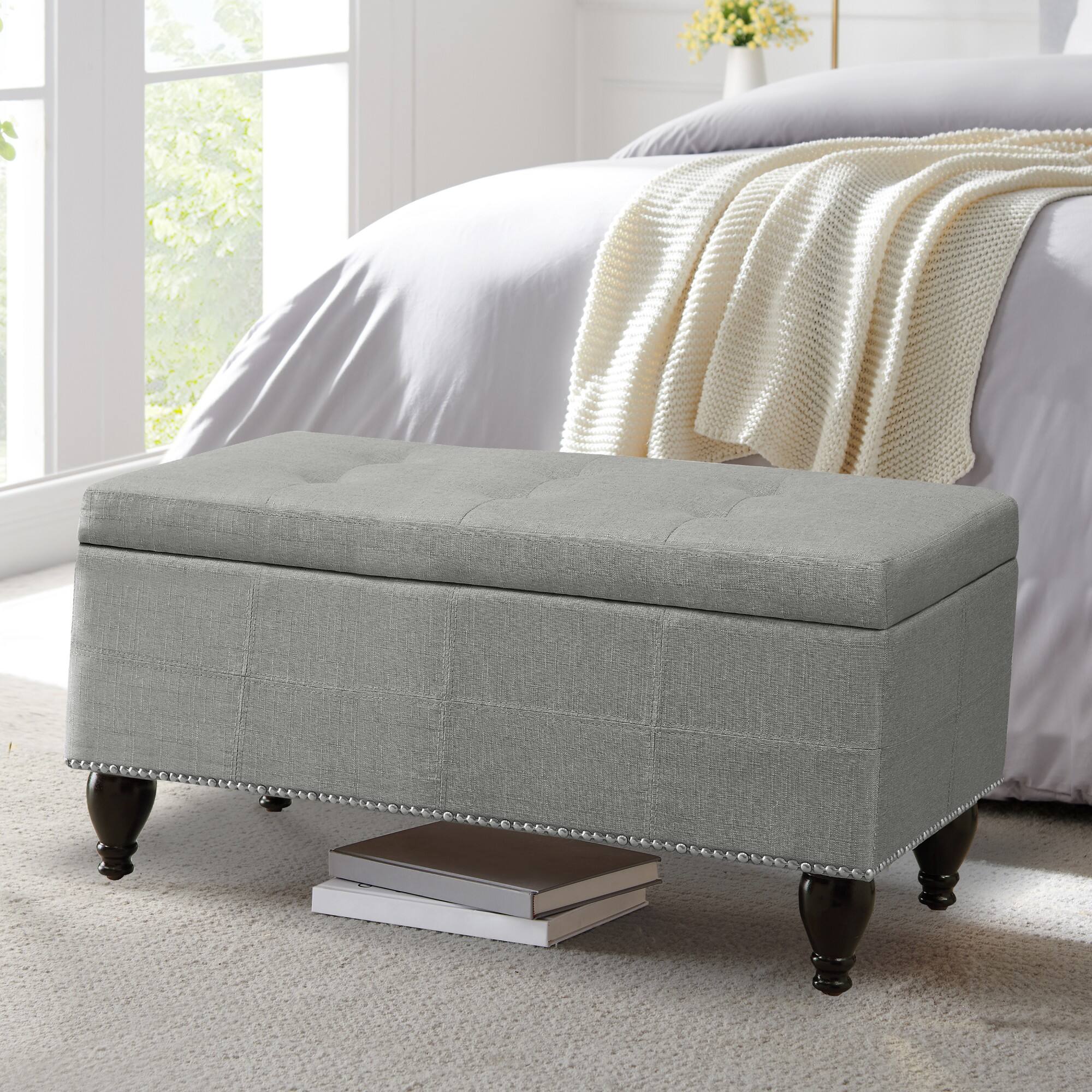 Alt View 2. Boyel Living - Small Linen Bench with Nailhead Trim and Solid Wood Legs - Light Gray.