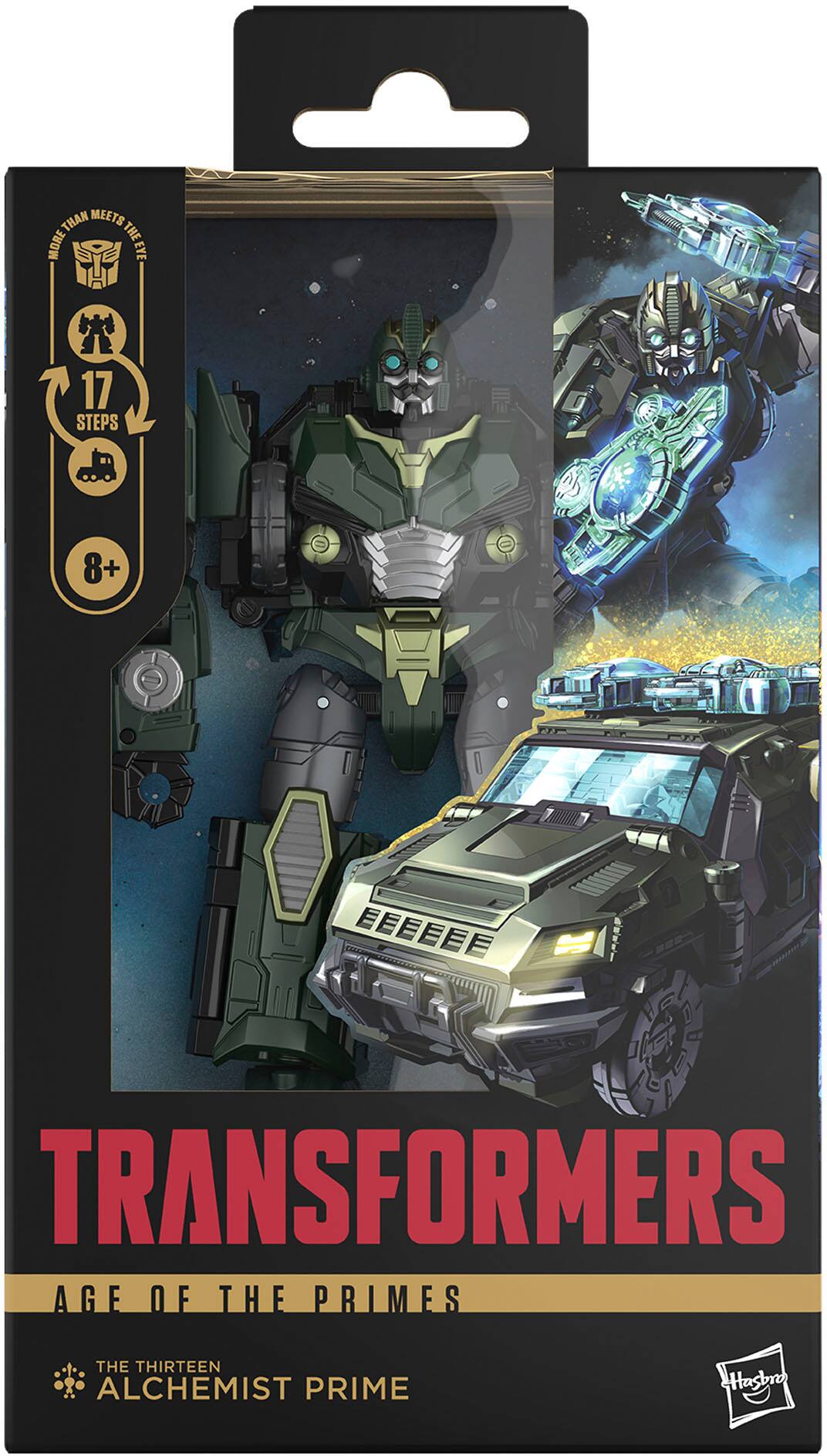 Transformers: Age of the Primes is a toy set featuring a robot and a car. The robot is a green figure, and the car is a black and yellow vehicle. The set is part of the Transformers franchise and is designed for children aged 8 and up. The toy set is made by Hasbro, and it is packaged in a plastic case.