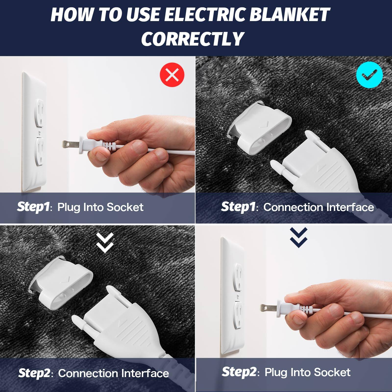 **HOW TO USE ELECTRIC BLANKET CORRECTLY**

**Step1: Plug Into Socket**  
**Step2: Connection Interface**

**Step1: Connection Interface**  
**Step2: Plug Into Socket**