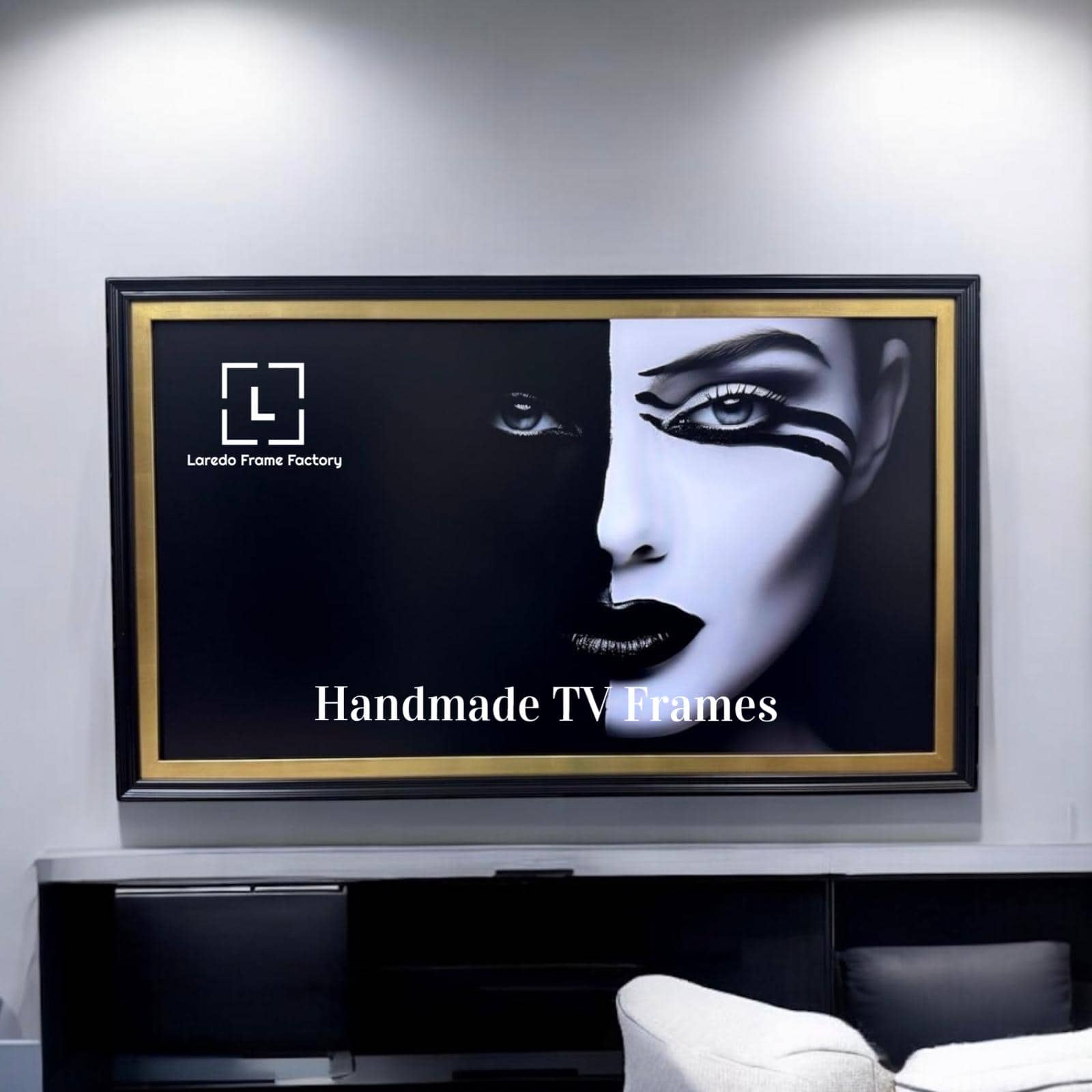 LAREDO FRAME FACTORY - 75 inch Handmade Tv Frame For TCL A300W NXTVISION Tv - SATIN BLACK WITH GOLD LEAF