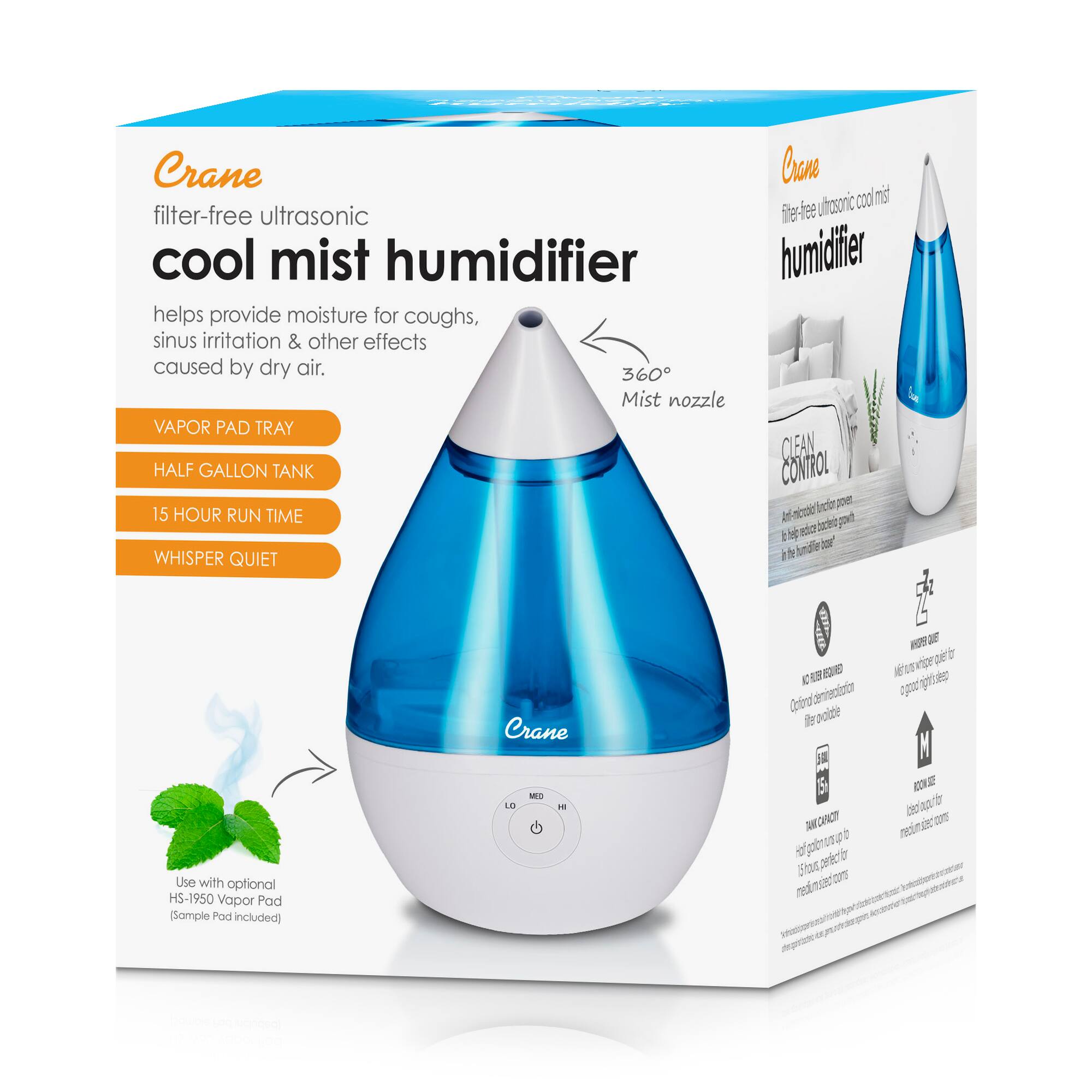 Crane filter-free ultrasonic cool mist humidifier helps provide moisture for coughs, sinus irritation & other effects caused by dry air.

- VAPOR PAD TRAY
- HALF GALLON TANK
- 15 HOUR RUN TIME
- WHISPER QUIET

360° Mist nozzle

Use with optional HS-1950 Vapor Pad (Sample Pad Included)

CLEAN CONTROL
Anti-bacterial function prevents mold growth in the humidifier.

- No filter required
- Optional filter available
- 15 HOUR RUN TIME
- WHISPER QUIET
- ROOM SIZE: Ideal for medium-sized rooms