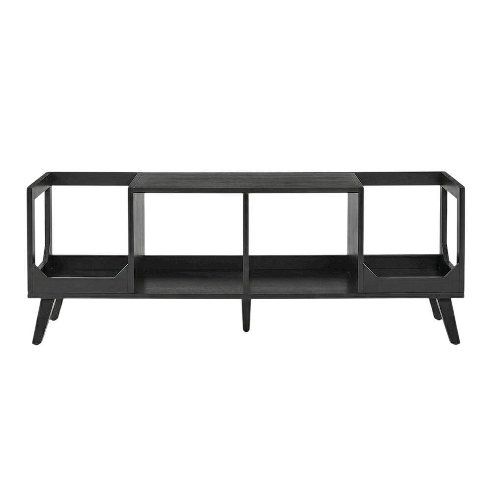 Left. FurniFact - Wooden Low Record Player Stand with Vinyl Storage and Cable Management - Black.