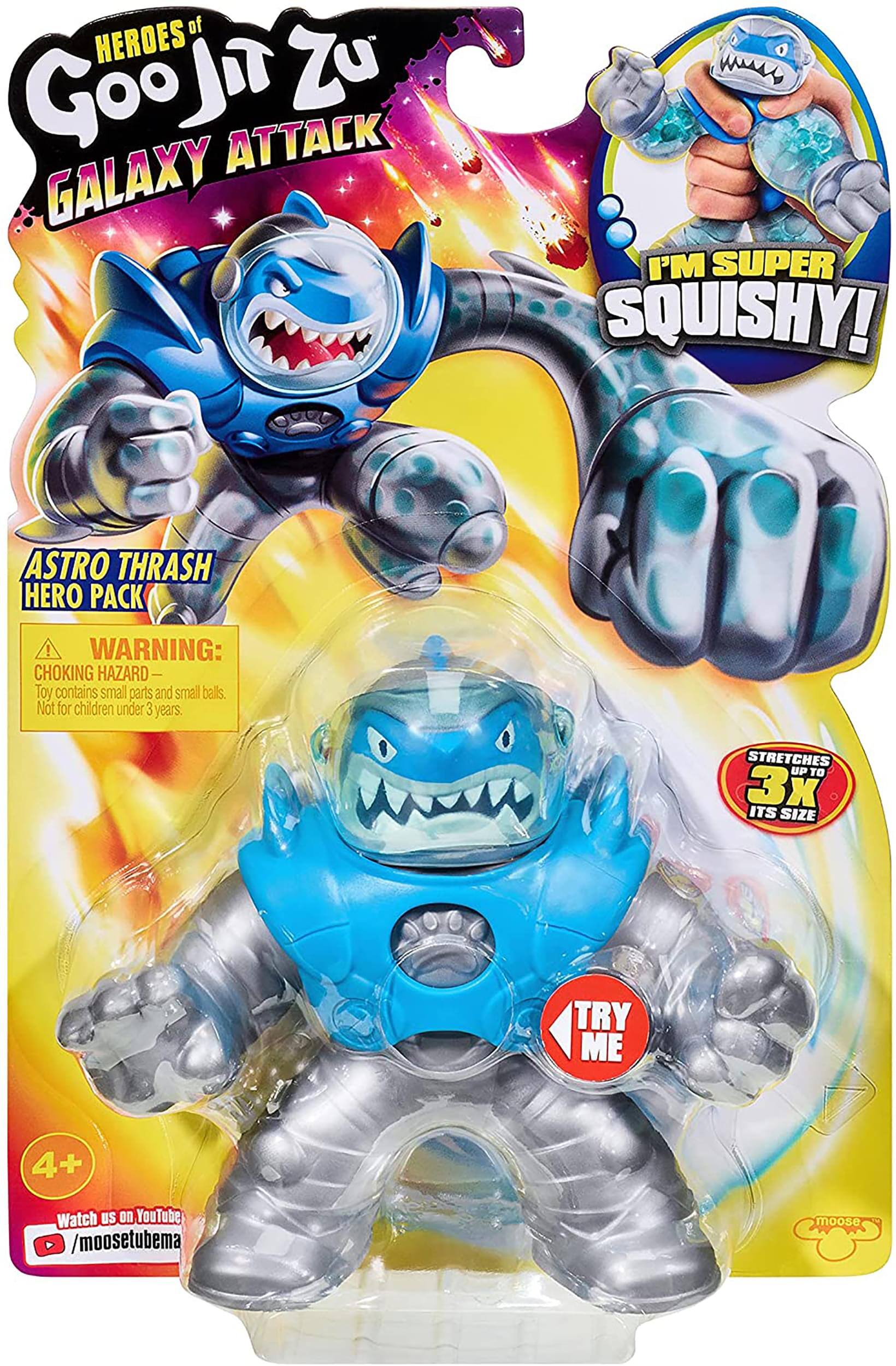 **HEROES of Goo Jit Zu GALAXY ATTACK**

**I'M SUPER SQUISHY!**

**ASTRO THRASH HERO PACK**

**WARNING: CHOKING HAZARD - Toy contains small parts and small balls. Not for children under 3 years.**

**STRETCHES UP TO 3x ITS SIZE**

**TRY ME**

**4+**

**Watch us on YouTube: /moosetubema**