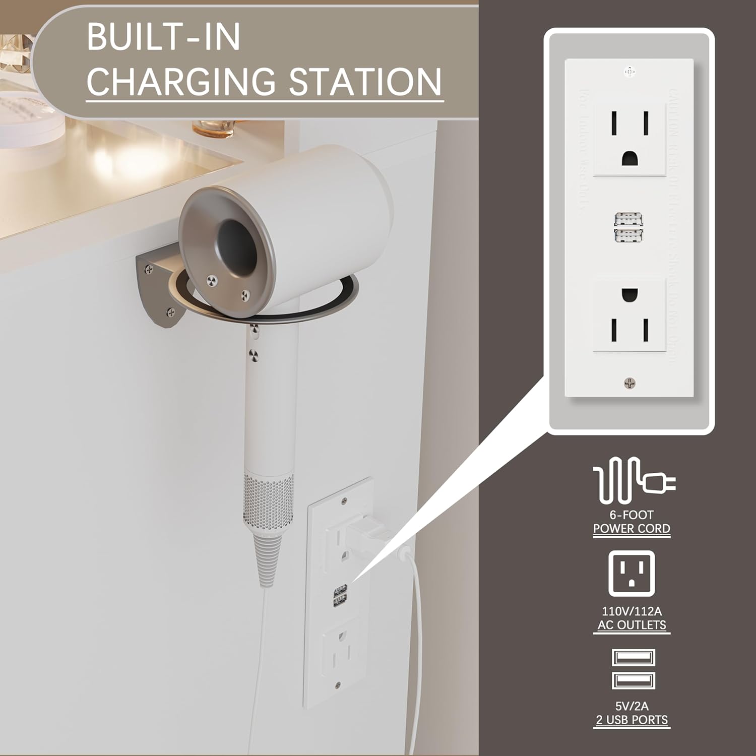 BUILT-IN CHARGING STATION

- 6-FOOT POWER CORD
- 110V/112A AC OUTLETS
- 5V/2A 2 USB PORTS