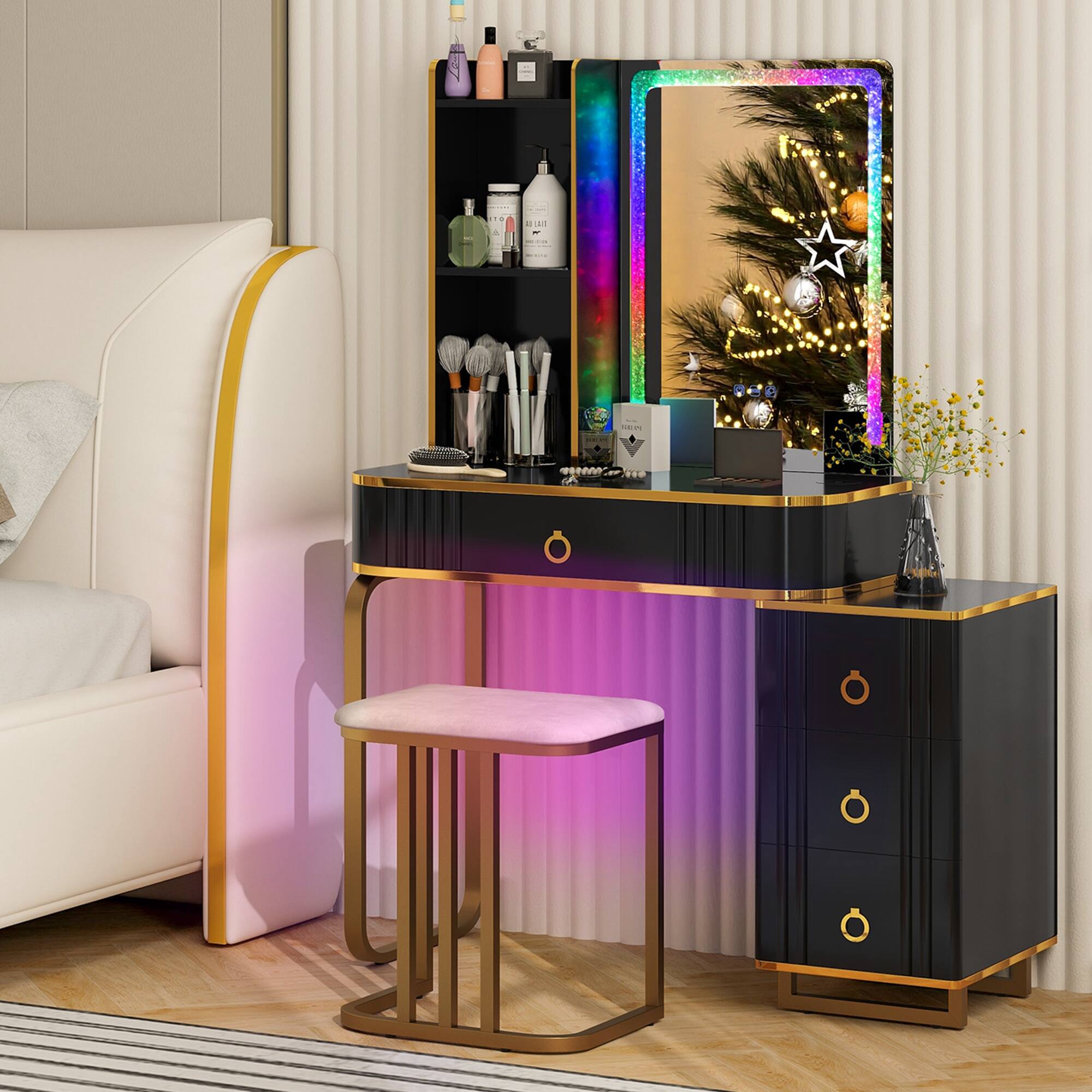 Alt View 1. Costway - Costway Vanity Table Set with RGB LED Lights Crystal Crush Diamond Mirror Drawers - Black.