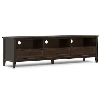 Front. Simpli Home - Warm Shaker SOLID WOOD 72 inch Low TV Media Stand in Tobacco Brown For TVs up to 80 inches - Tobacco Brown.