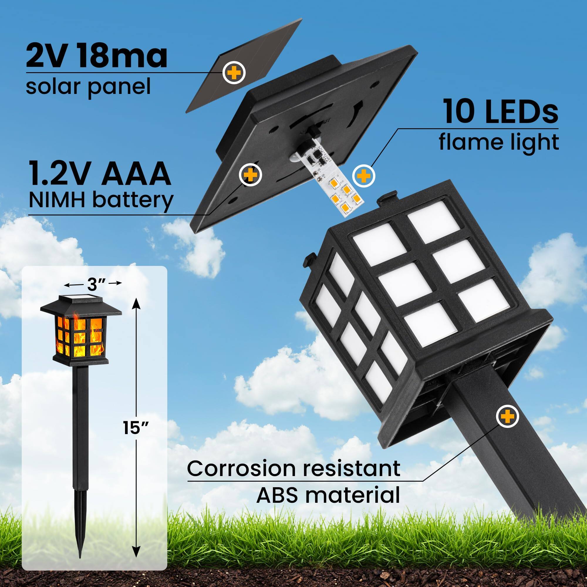 2V 18ma solar panel  
1.2V AAA NIMH battery  
10 LEDs flame light  
3" x 15"  
Corrosion resistant ABS material