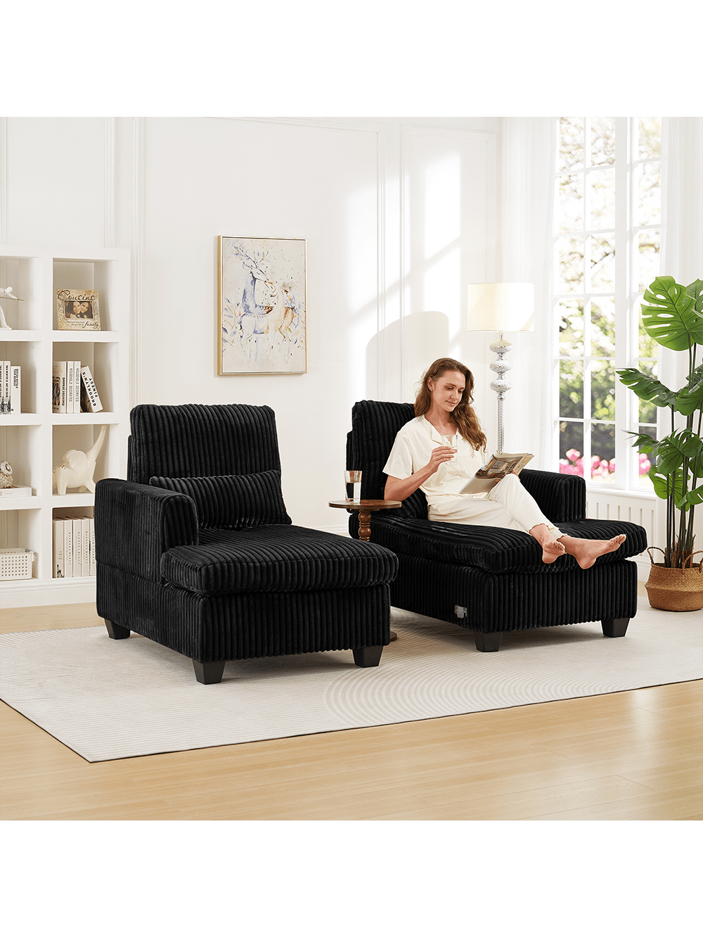 Alt View 2. Trinkets Crazed - 61 Inch Corduroy Love Seat Sofa Couch With Square Armrest,Loveseat Sleeper Couch With Adjustable Back,Double Lounge - Black.