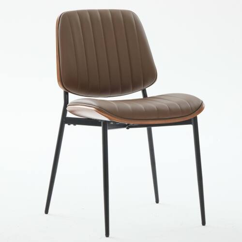 Left. LUCKY ONE - Assembled Mid Century Dining Chair Set of 2 Faux Leather with Walnut Bentwood Back Metal Legs - Brown.