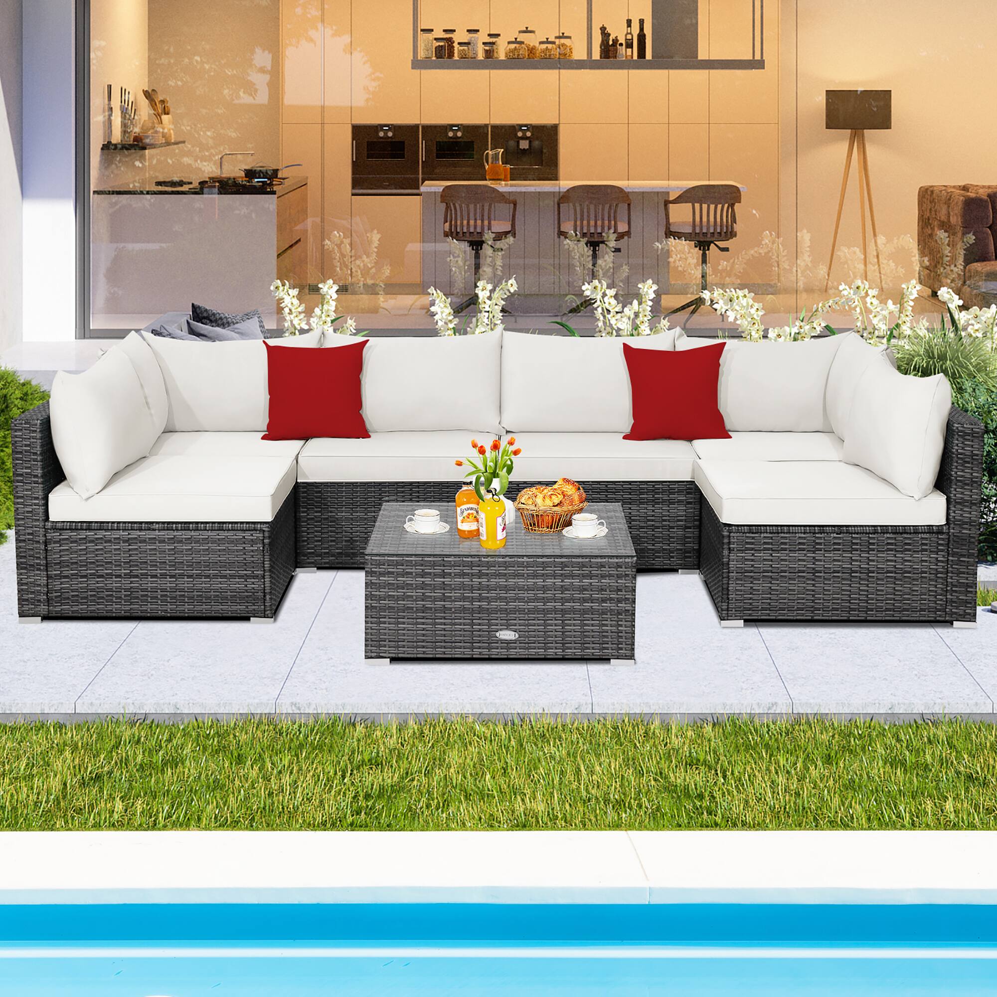 Alt View 1. Costway - 7PCS Patio Rattan Furniture Set Sectional Sofa Cushioned - Off White.