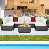 Costway 7PCS Patio Rattan Furniture Set Sectional Sofa Cushioned - Off White - Front_Zoom