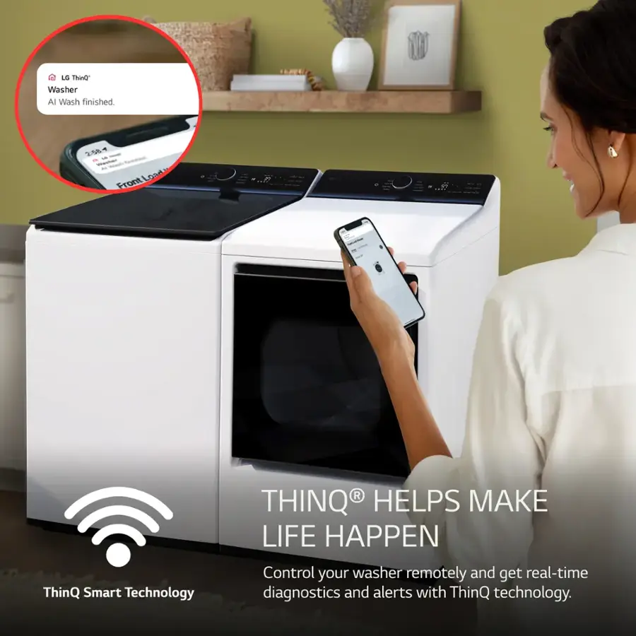 A ThinQ Smart Technology washer is shown with a woman using her smartphone to control it. The washer has finished its cycle and is now ready for the next load. The ThinQ technology allows for remote control and real-time diagnostics and alerts.
