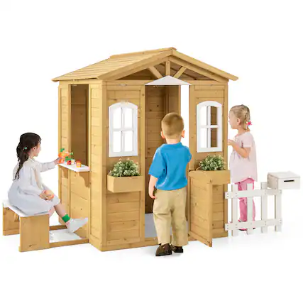 Front. Gymax - Gymax Wood Playhouse for Kids Outdoor Adventures Cottage w/ Bench Play Game Center - Natural, White.