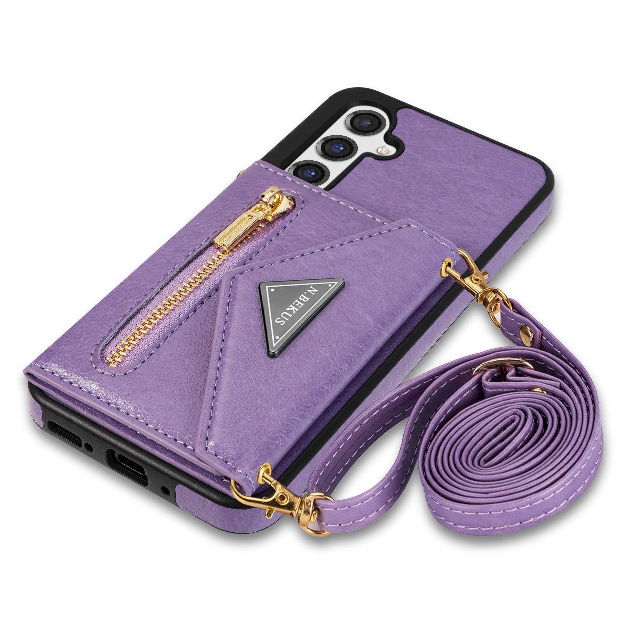 Alt View 4. Dteck - Crossbody Wallet Case for Samsung Galaxy S26+, Shockproof PU Leather Stand Cover with Zipper Pocket and Card Slots - Purple.