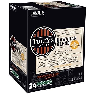 HEURIG KEURIG' GENUINE K-CUP PODS

TULLY'S COFFEE
HAWAIIAN BLEND

Seattle, WA. 1992

Hawaiian, African, Various Origins
Distinctive Hawaiian blend, which is artfully and elegantly roasted to express its bold character and simplicity.

MEDIUM BOLD

ROASTED SLOW & LOW

24 K-CUPS

NET WT 73g

RECYCLABLE