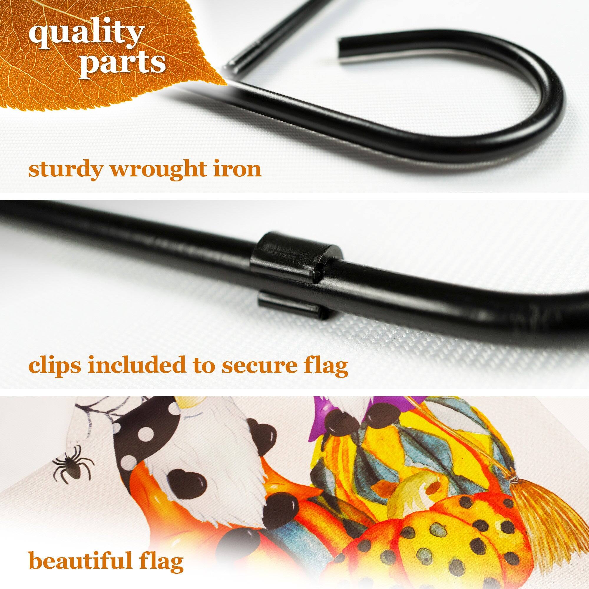 quality parts  
sturdy wrought iron  
clips included to secure flag  
beautiful flag
