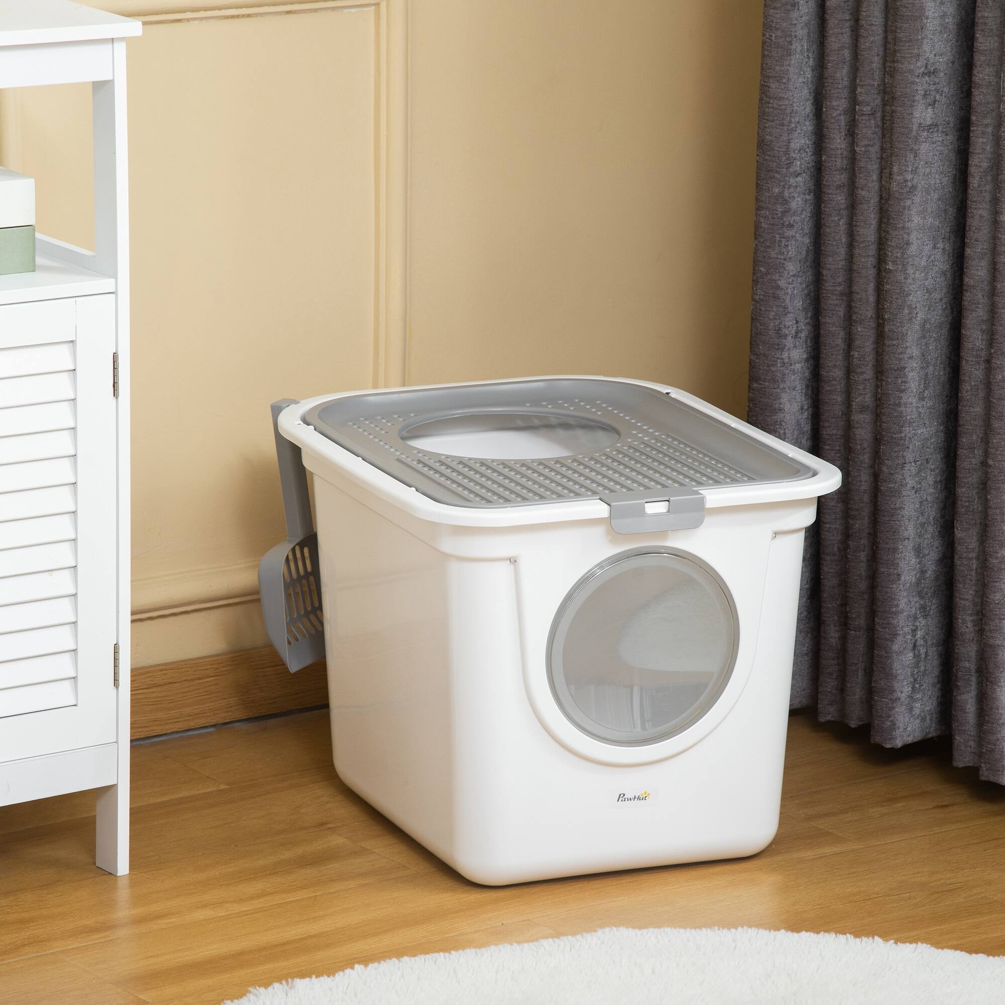 Alt View 1. Pawhut - Cat Litter Box, Easy Cleaning Kitty Litter Box with Front Entrance, Top Exit, Scoop - White.
